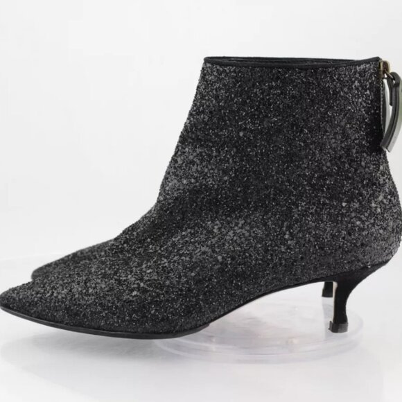 Stuart Weitzman Juniper 45 Glitter Leather Kitten Heel Bootie in Black Size 9M - Picture 1 of 16